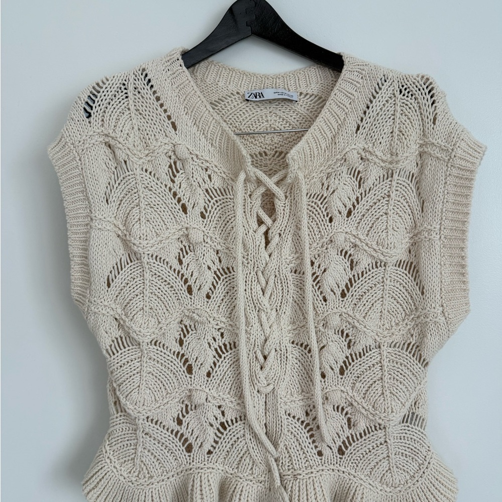 Zara Cream Crochet Knit V-Neck Sweater Vest with Lace-Up Front
